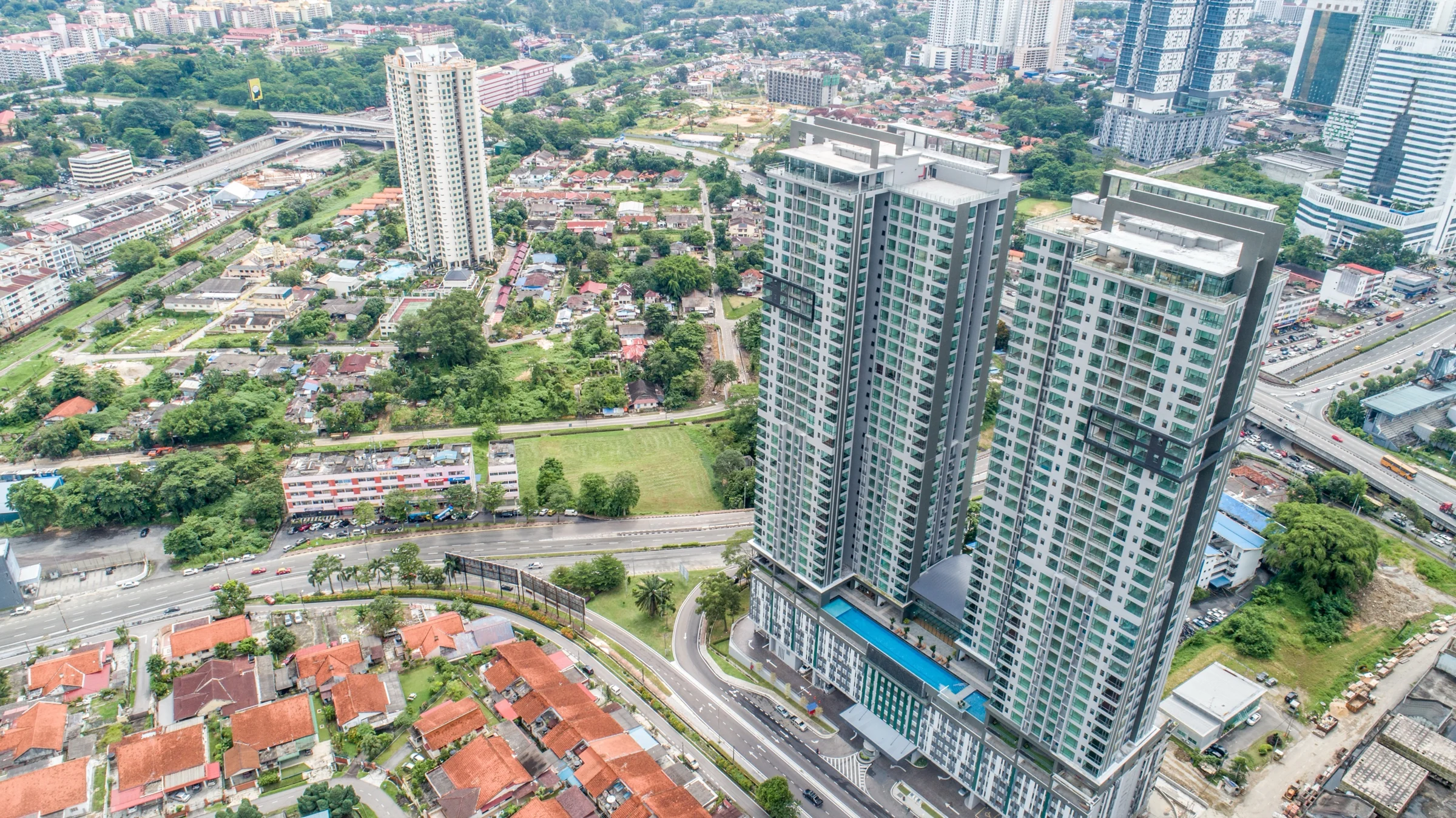 Aerial view of SKS Pavillion Residences twin towers in Johor Bahru